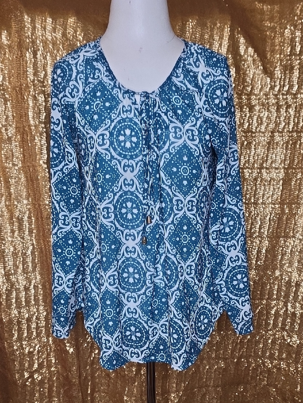 Blue Medallion-Print Long Sleeve Tunic with Tie Neck